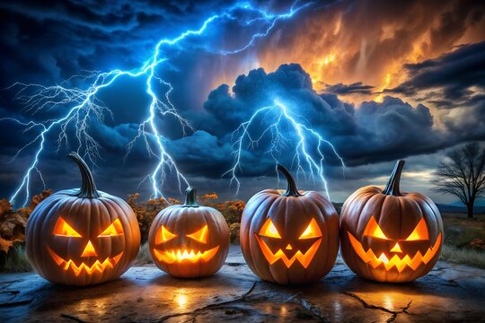 Carved pumpkins glow ominously under a dramatic lightning storm