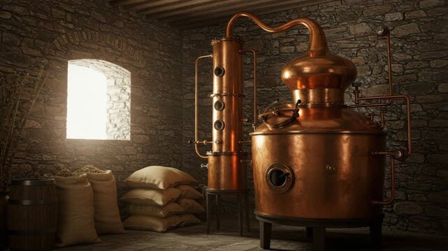 Vintage copper rum distillation equipment in rustic cellar, traditional alcohol production for World Rum Day