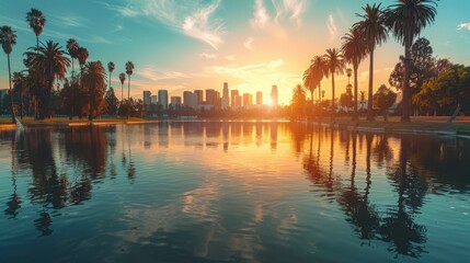 City skyline of Los Angeles downtown in California during sunset from Echo Lake Park, with tall palm trees and a reflective lake.