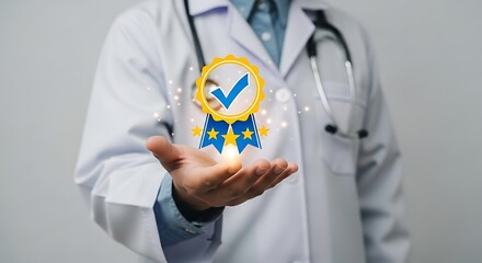 Quality Assurance Doctor Holding Assurance Symbol for Healthcare Trust and Professionalism, highlighting assurance of service