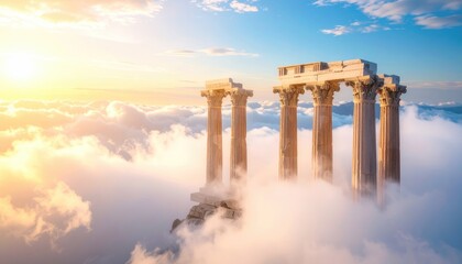 Naklejka premium Ancient columns atop clouds at sunset