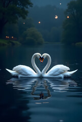 Pair of White Swans Forming Heart Shape on Dark Water at Night
