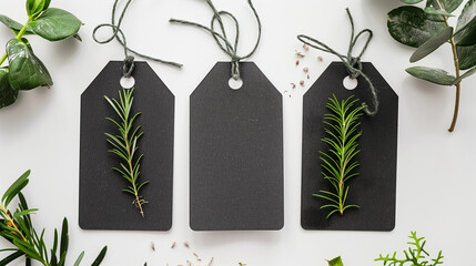 Three Black Gift Tags with Greenery on White Background 