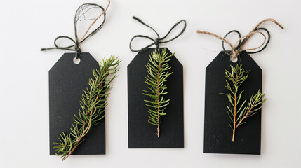 Three Black Gift Tags with Greenery on White Background 