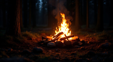 Warm Campfire Burning Brightly in a Dark Forest Clearing at Night