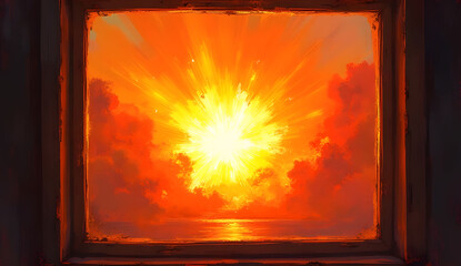 Abstract Sunset Explosion Through Window Frame top view
