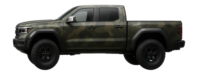 Military-style pickup with camouflage paint and rugged tires
