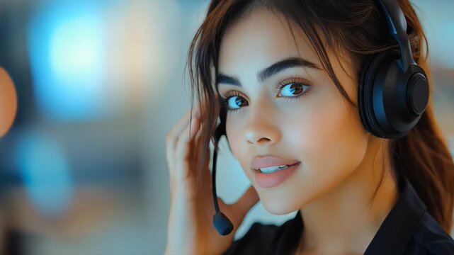 4K video of a female call center agent on a head set talking to a cilent in a modern call center