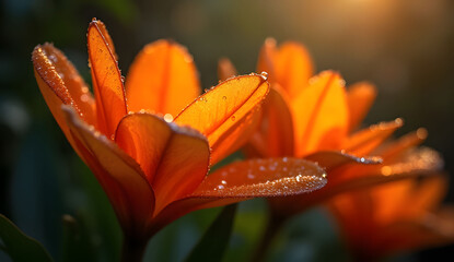 Vibrant Orange Flower Petals with Dew Drops Against a Dark Background in Nature
