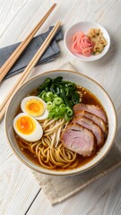Top-down view of shoyu ramen with clear amber broth, noodles, chashu, egg, menma, scallions, narutomaki, and nori. Soft daylight on wood or stone adds warmth and balance. Pure, elegant setup.