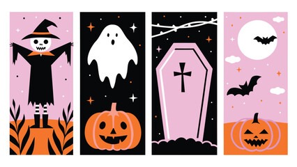 Four halloween themed banners featuring a scarecrow, ghost, coffin, and bats with pumpkins theme