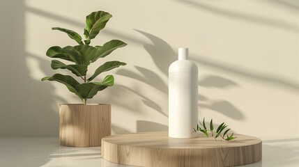 White Tumbler Bottle on Wooden Platform with Plant 