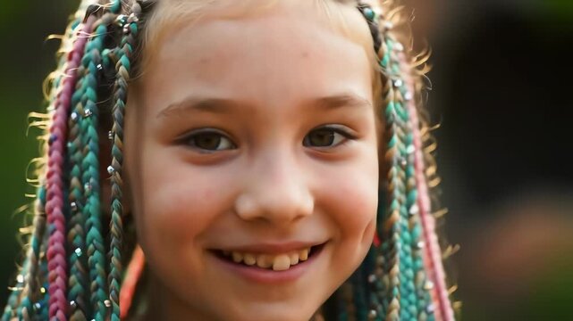 Close up portrait of a happy little girl with colorful braids and dimples smiling at the camera outdoors
