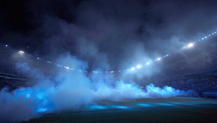 Massive stadium, smoky, night, lights