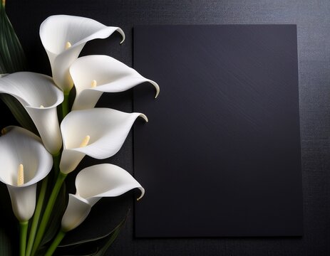elegant white calla lily flowers on right side black empty paper on dark background funeral condolence card sympathy floral concept - Powered by Adobe