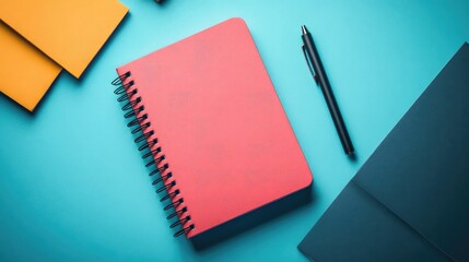 Coral-colored notebook placed on abstract blocks, vibrant modern stationery flatlay for branding, writing, or productivity