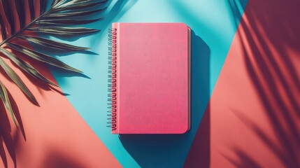 Coral-colored notebook placed on abstract blocks, vibrant modern stationery flatlay for branding, writing, or productivity