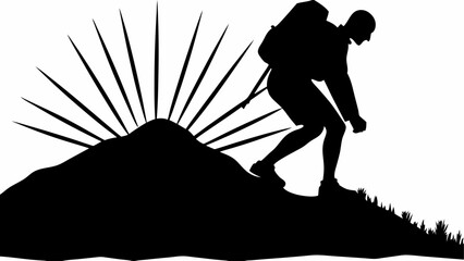 Silhouette of a hiker with a backpack climbing a hill under a sunburst in black and white style