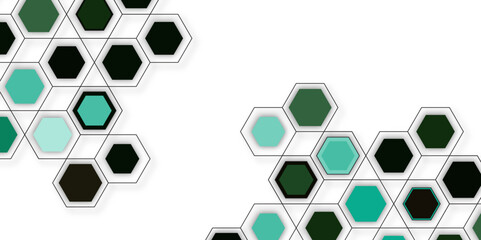 Geometric honeycomb pattern in green, teal, and black tones. Minimalistic digital design perfect for technology, science, and creative templates. Modern abstract hexagonal vector background