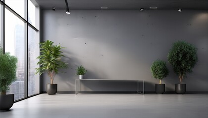 modern empty grey wall in a spacious office interior with plants and large windows 3d rendering