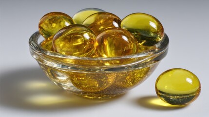 Golden gel capsules fill a small glass bowl on a neutral background. Use this image for health, nutrition, or pharmaceutical themes.