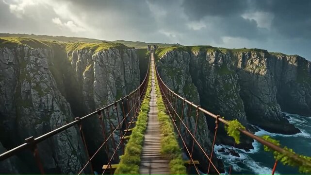 A long suspension bridge crosses a deep chasm between rocky grasscovered cliffs