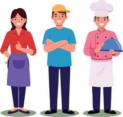 Obraz premium Diverse group of three people including chef waiter and casual man standing together smiling vector illustration