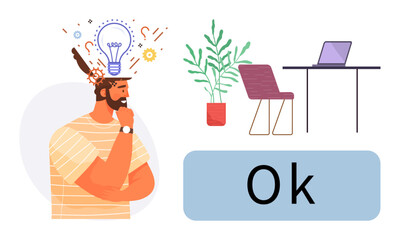 Man thinking with lightbulb idea above head, desk with laptop, chair, and plant nearby. Ideal for creativity, brainstorming, innovation, productivity, planning work-life balance simple flat