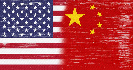 Distressed USA flag stars and stripes and China flag background