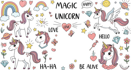 Magic Unicorns and Rainbow Doodle Vector Set: Cute Fantasy Characters, Star, Heart, Diamond, Enchanted World, Kids Design Elements.