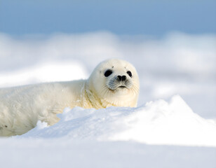 Obraz premium A heartwarming, ultra-realistic close-up of a young seal, highlighting its glossy eyes, wet whiskers, and soft fur as it gazes curiously in a cold coastal habitat.