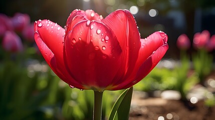 Fototapeta premium A stunning red tulip displays its beauty, glistening with fresh morning dew in a tranquil garden setting.