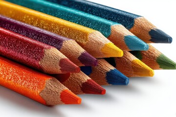 Row of sharpened color pencils with detailed wood texture isolated. Perfect for illustrating creativity, school supplies or graphic design work.