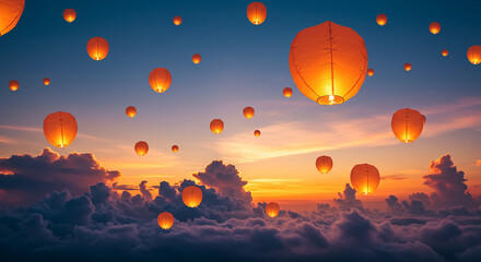 Numerous orange sky lanterns ascend into the twilight sky above clouds