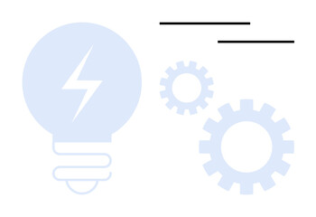 Light bulb with energy icon, two gears symbolizing innovation and process automation, offset by minimalist lines. Ideal for technology, creativity, innovation, process efficiency, teamwork