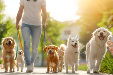 Professional dog walker with multiple leashed dogs enjoys a sunny day in a park, showcasing the joy of pet care and companionship in a vibrant outdoor setting