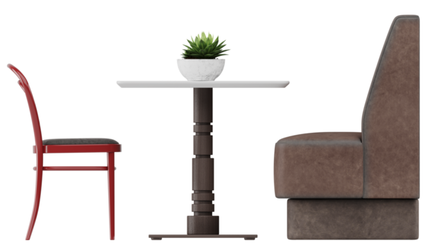 Side view of cafe booth with red dining chair and white square table isolated on transparent background