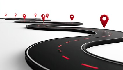 Winding road with red markers, signifying a journey