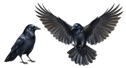 Obraz premium Two detailed illustrations of a raven one standing and one in flight with wings spread wide isolated on transparent background