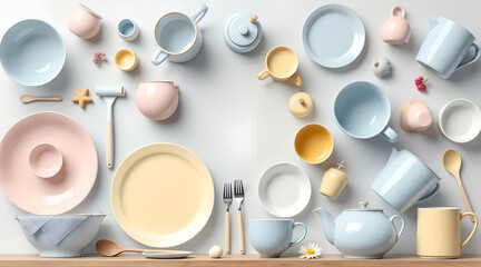 Pastel Tableware Arrangement on White Background Flat Lay Composition for Mockup