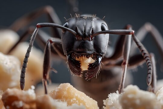 Close-up of an ant foraging on food crumbs, showcasing intricate details and textures in a dark setting