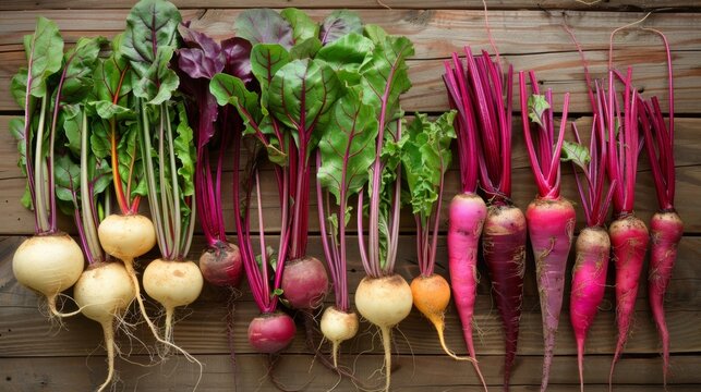 A variety of freshly harvested root vegetables including beets tur and pars lined up neatly on a wooden table.
