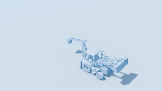 Minimalist 3D render of a pale blue backhoe loader with subtle shadows on a monochromatic background. Ideal for construction, engineering, or abstract design themes.