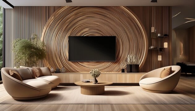 modern living room interior featuring a built in flat screen tv mounted on a wooden wall with circular accent design 3d rendering