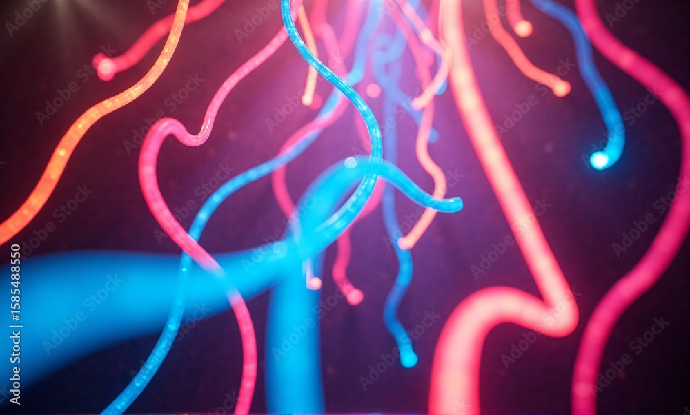 Poster vibrant glowing abstract light trails flow and intertwine against a dark background, creating a dyna