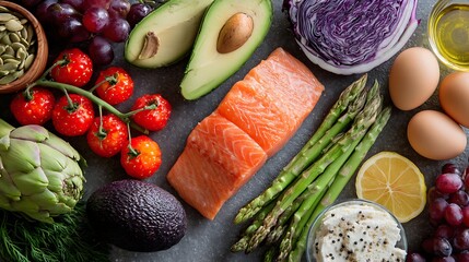A variety of clean eating foods aligned for a flexitarian Mediterranean diet, promoting health with vibrant fruits, vegetables, and lean proteins.