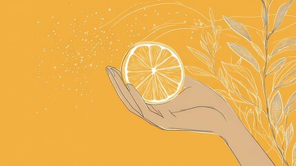 a hand holding a lemon slice with sparkles and botanical line art flowing around, side view angle, line boho style with minimalist composition and warm yellow-orange palette
