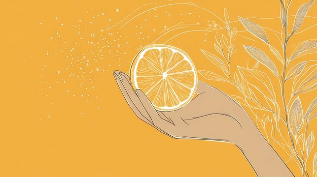 a hand holding a lemon slice with sparkles and botanical line art flowing around, side view angle, line boho style with minimalist composition and warm yellow-orange palette - Powered by Adobe