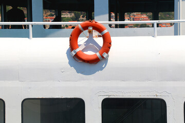 Lifebuoy on the boat. Selective focus.