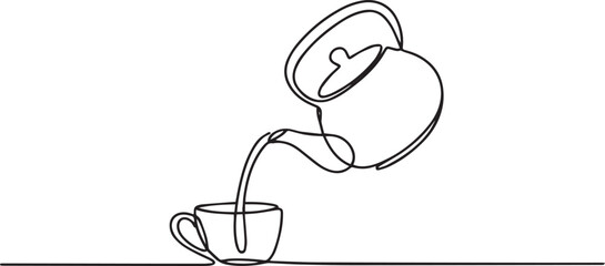 Teapot pouring tea into cup in continuous one line drawing, minimalist kitchenware vector illustration

